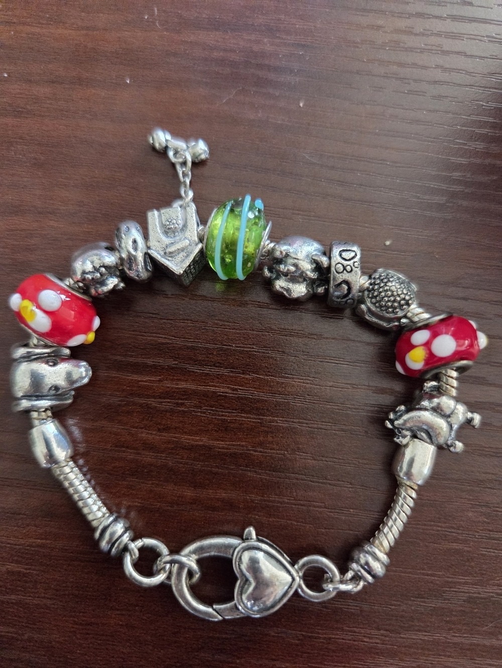 Silver Dog Themed Charm Bracelet with Red & Green Glass Beads